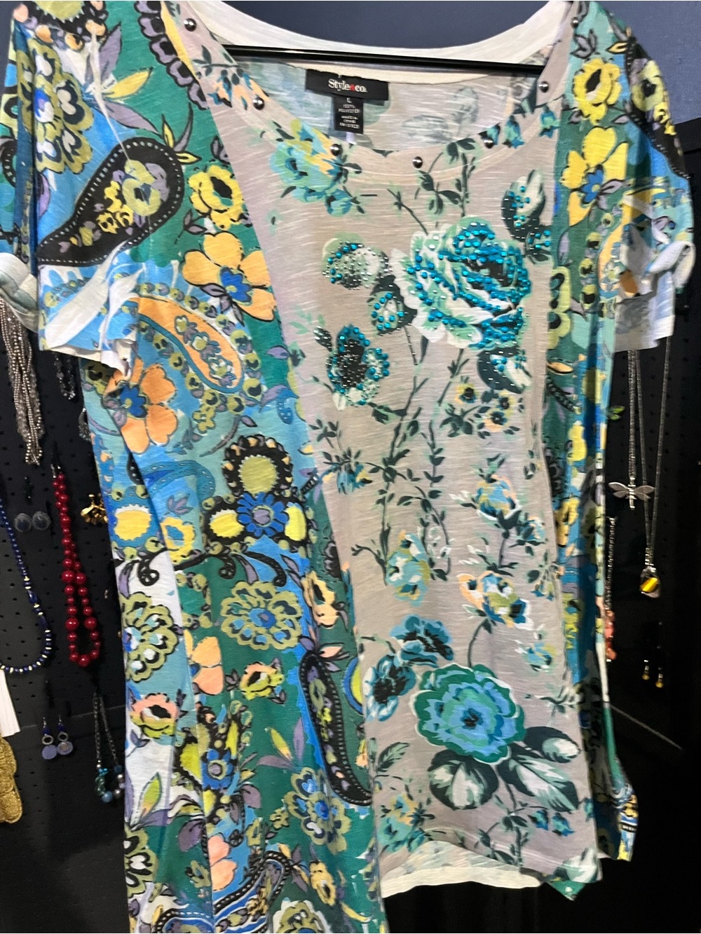 Style & Co. Teal Floral Short-Sleeve Tunic with Blue and Yellow Accents